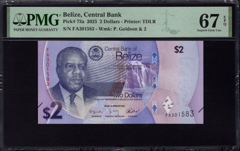 Belize - 2 Dollars 2025 - Pick # 73a - PMG 67 EPQ