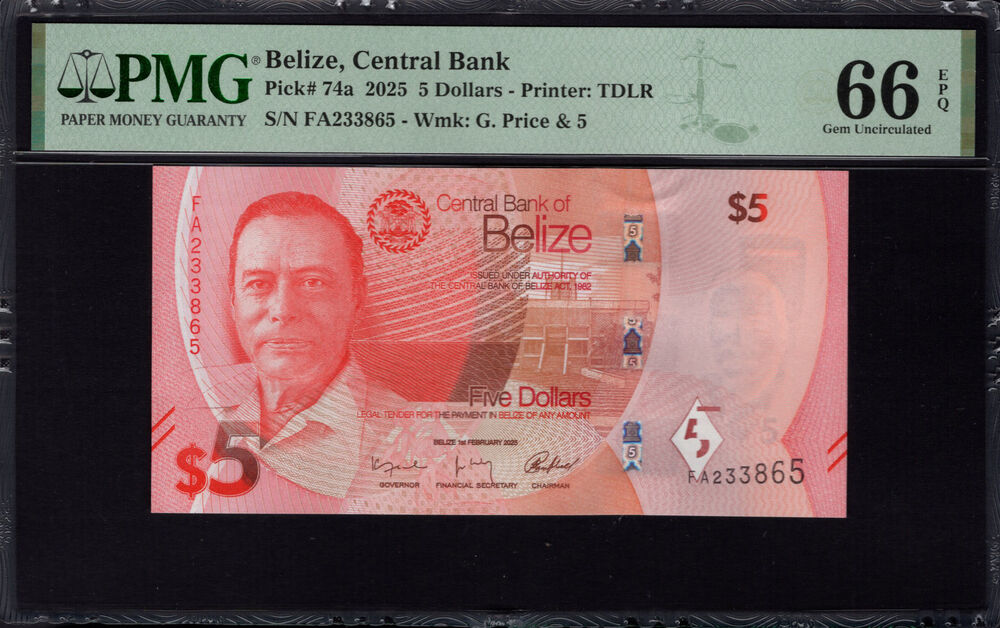 Belize - 5 Dollars 2025 - Pick # 74a - PMG 66 EPQ