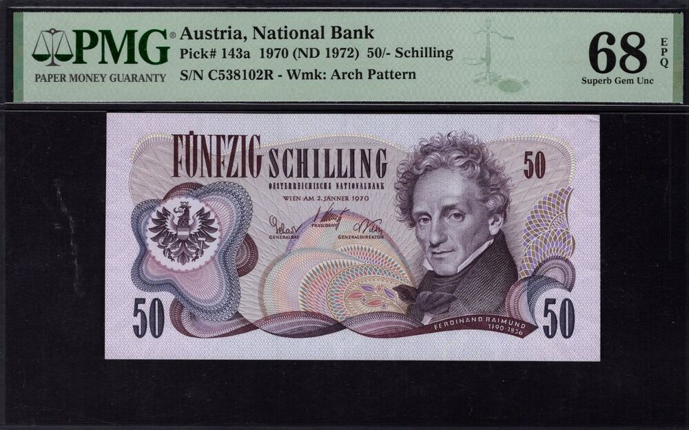 Austria - 50 Schilling 1970 - Pick # 143a - PMG 68 EPQ