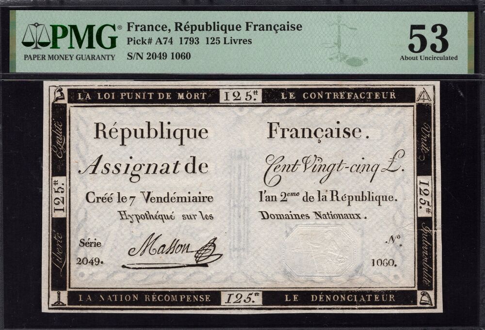 France - 125 Livres 1793 - Pick # A74 - PMG 53
