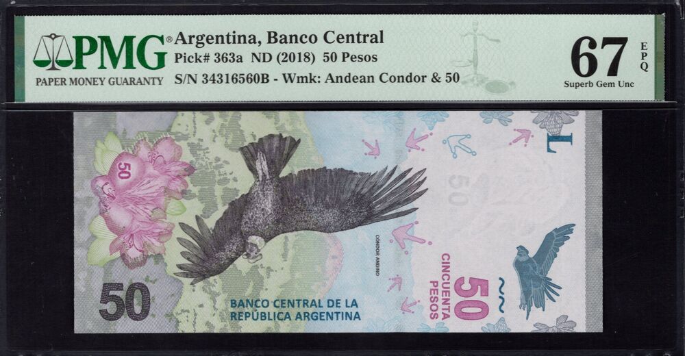 Argentina - 50 Pesos 2018 - Pick # 363a - PMG 67 EPQ