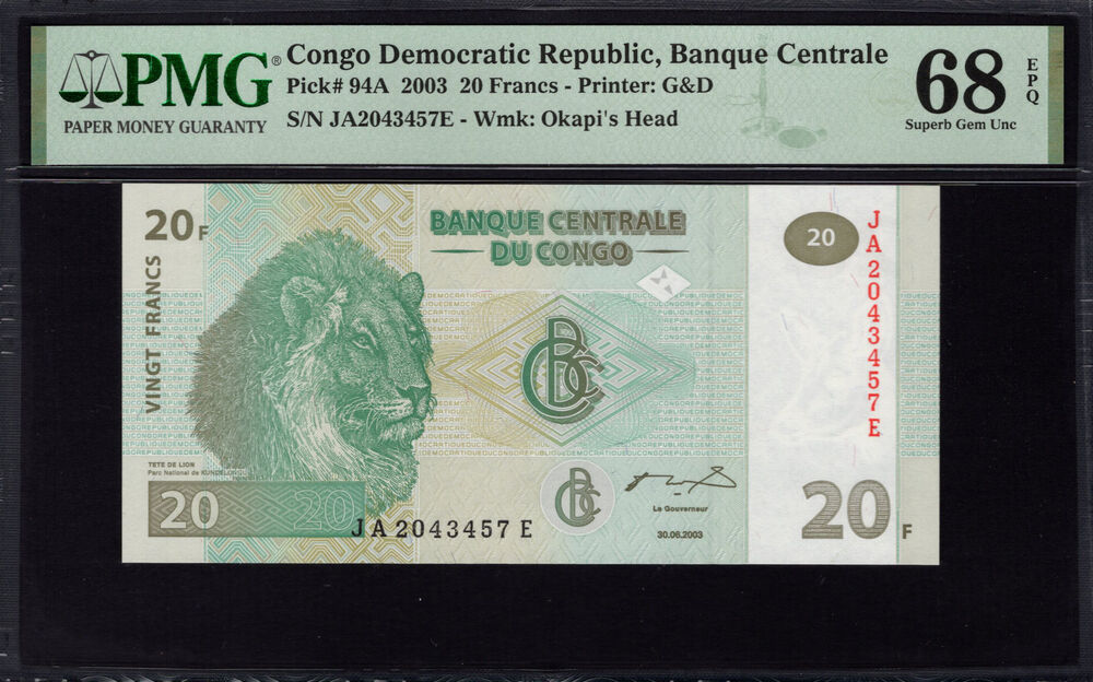 Congo Democratic Republic - 20 Francs 2003 - Pick # 94A - PMG 68 EPQ
