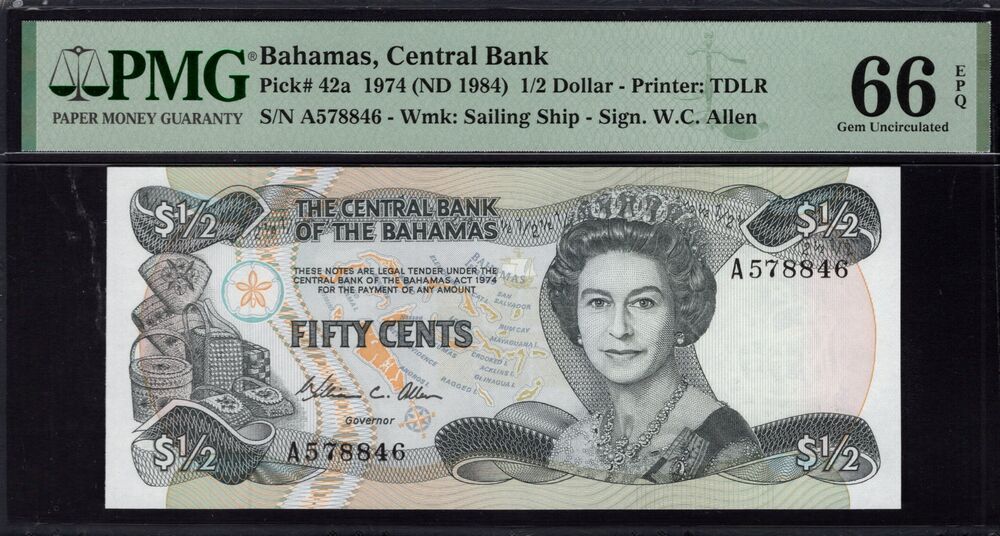 Bahamas - Half Dollar 1974 - Pick # 42a - PMG 66 EPQ