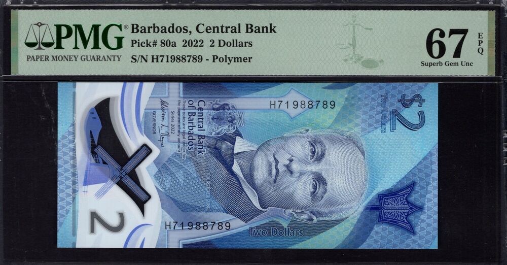 Barbados - 2 Dollars 2022 - Pick # 80a - PMG 67 EPQ