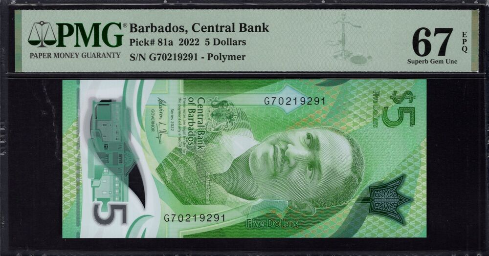 Barbados - 5 Dollars 2022 - Pick # 81a - PMG 67 EPQ