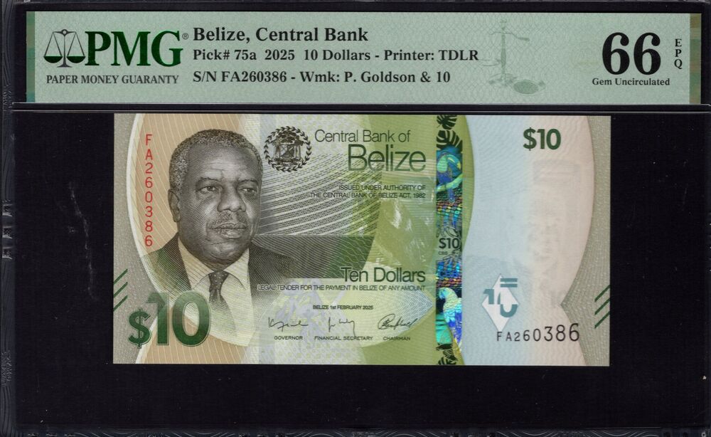 Belize - 10 Dollars 2025 - Pick # 75a - PMG 66 EPQ