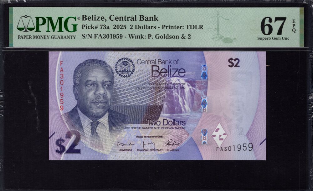 Belize - 2 Dollars 2025 - Pick # 73a - PMG 67 EPQ