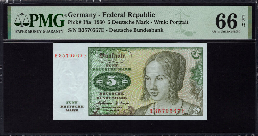 Germany - 5 Deutsche Mark 1960 - Pick # 18a - PMG 66 EPQ