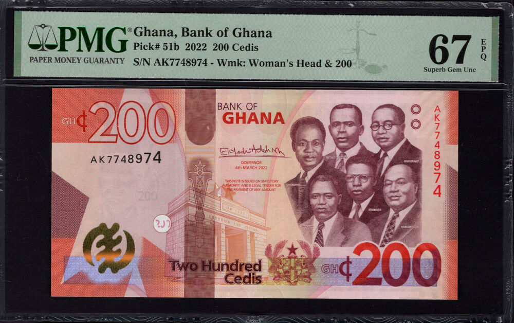 Ghana - 200 Cedis 2022 - Pick # 51b - PMG 67 EPQ