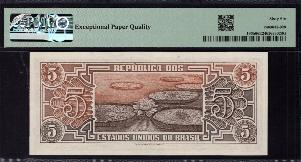 Brazil - 5 Cruzeiros 1961 - Pick # 166b - PMG 66 EPQ