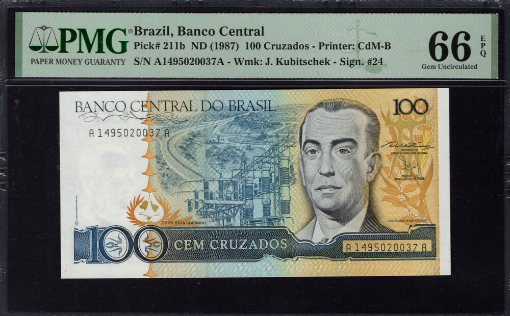 Brazil - 100 Cruzados 1987 - Pick # 211b - PMG 66 EPQ