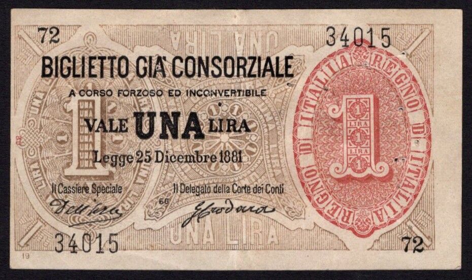 Italy - 1 Lira 1881 - Pick # 10 - XF (ph)