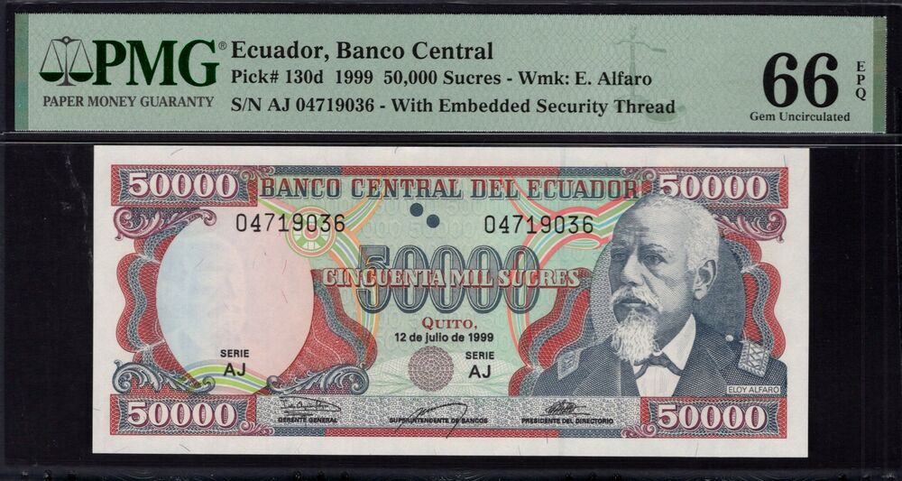 Ecuador - 50.000 Sucres 1999 - Pick # 130d - PMG 66 EPQ