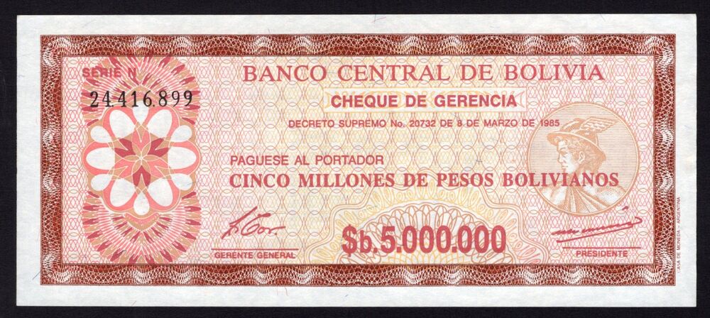 Bolivia - 5.000.000 Pesos Bolivianos 1985 - Pick # 193 - AU