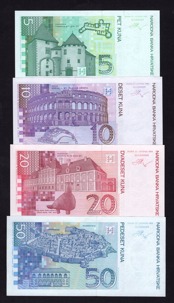 Croatia - 5, 10, 20 & 50 Kuna 1993 - Pick # 28, 29, 30 & 31 - UNC