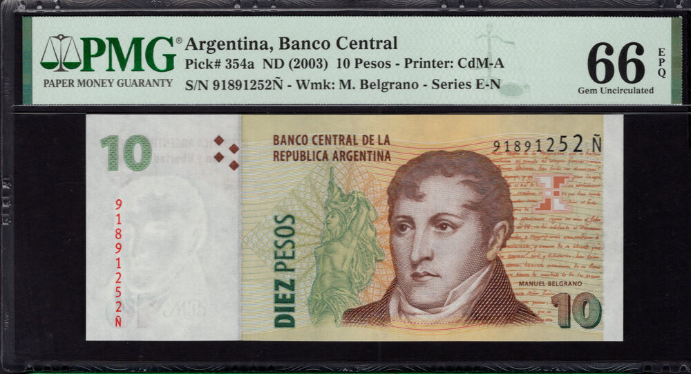 Argentina - 10 Pesos 2003 - Pick # 354a - PMG 66 EPQ