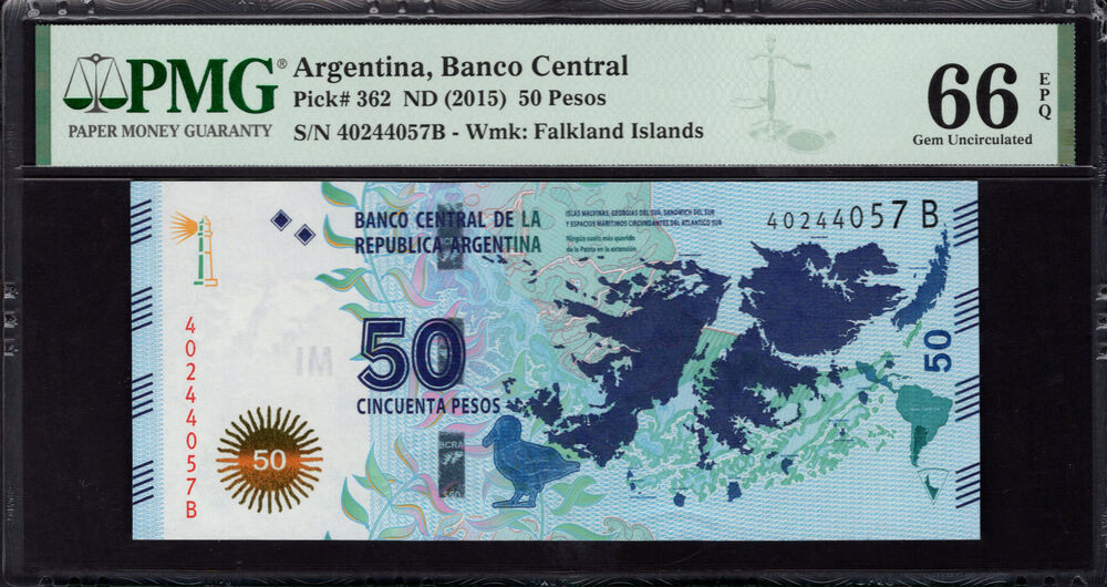 Argentina - 50 Pesos 2015 - Pick # 362 - PMG 66 EPQ