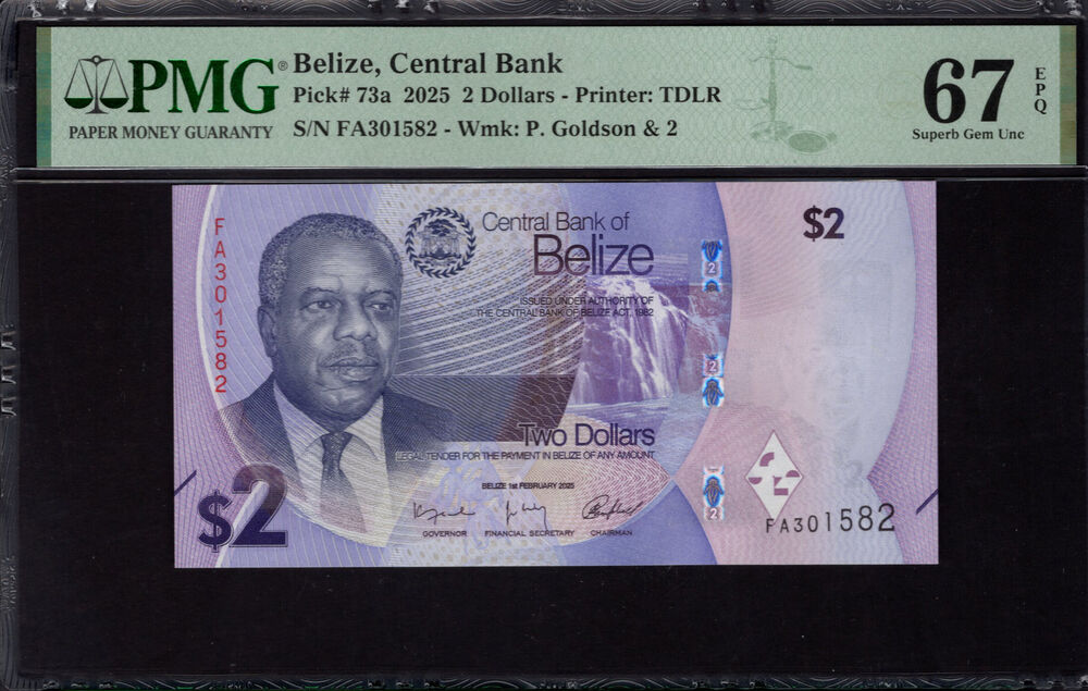 Belize - 2 Dollars 2025 - Pick # 73a - PMG 67 EPQ