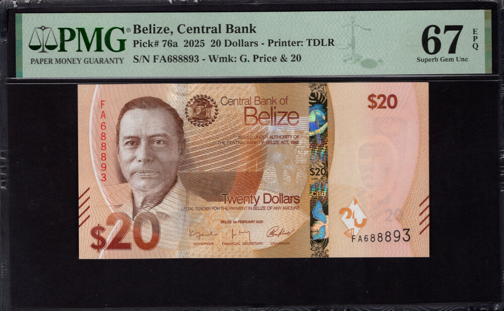 Belize - 20 Dollars 2025 - Pick # 76a - PMG 67 EPQ