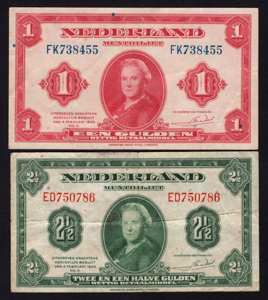 Netherlands - 1 & 2.50 Gulden 1943 - Pick # 64, 65 - VF