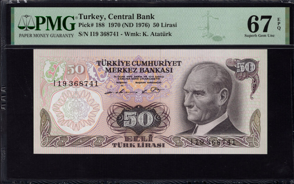 Turkey - 50 Lira 1970 - Pick # 188 - PMG 67 EPQ