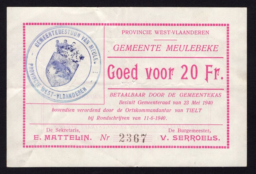 Belgium - Meulebeke, 20 Francs 1940 - Spindle hole cancellation - Pick # NL - VF