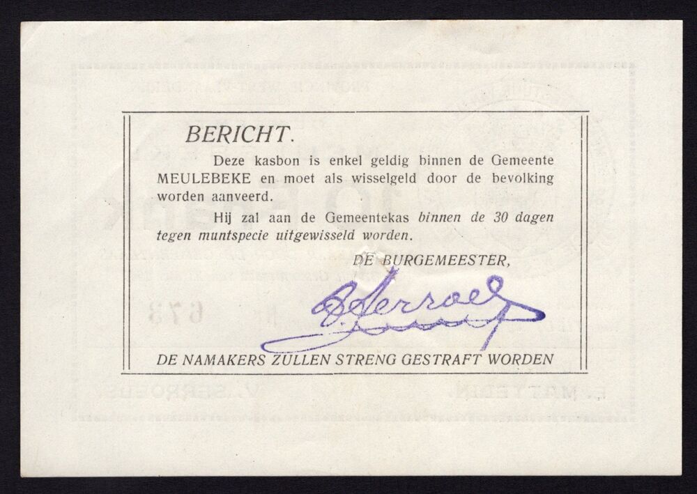 Belgium - Meulebeke, 10 Francs 1940 - Spindle hole cancellation -  Pick # NL - XF