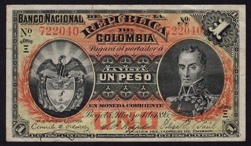 Colombia - 1 Peso 1895 - Pick # 234 - VF