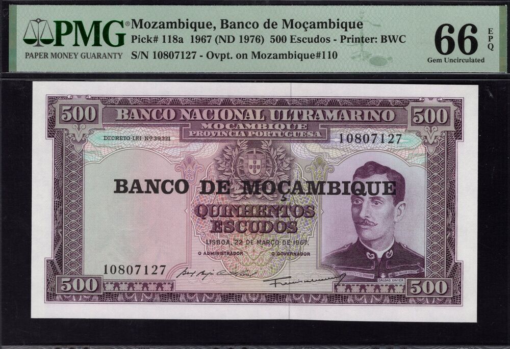 Mozambique - 500 Escudos 1967 - Pick # 118a - PMG 66 EPQ