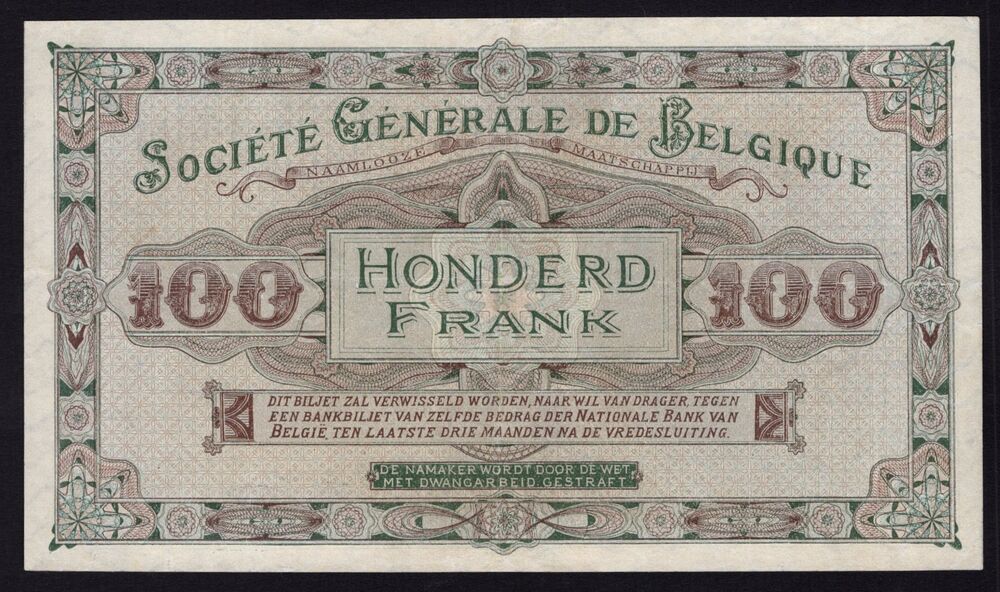 Belgium - 100 Francs 1915 - Pick # 90 - VF