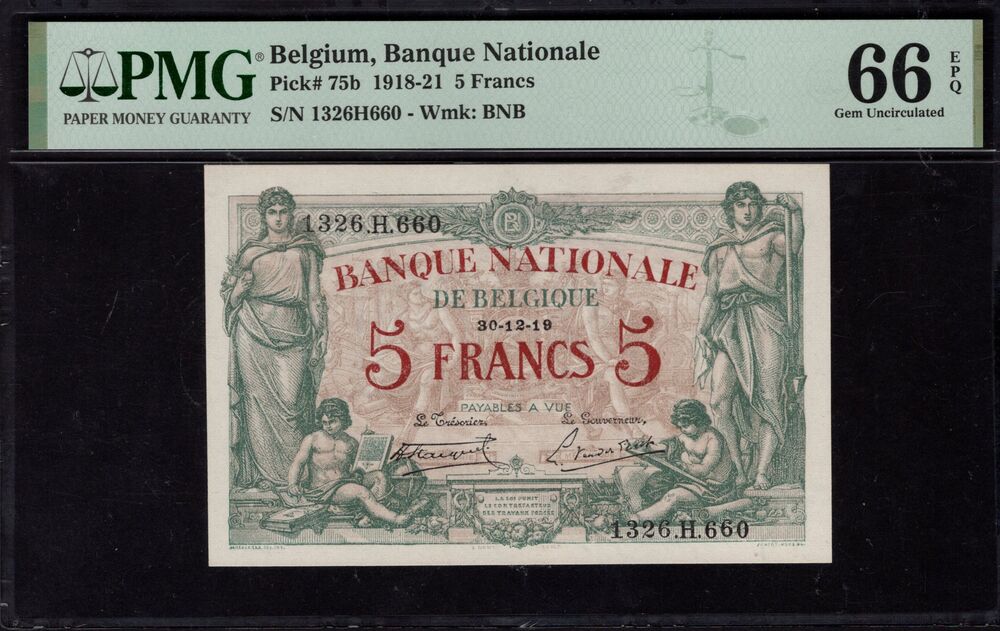 Belgium - 5 Francs 1918-21 - Pick # 75b - PMG 66 EPQ