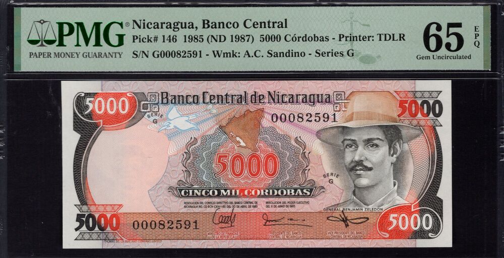 Nicaragua - 5000 Córdobas 1985 - Pick # 146 - PMG 65 EPQ