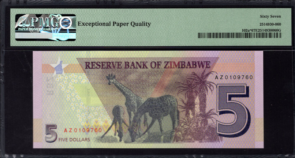 Zimbabwe - 5 Dollars 2019 - Pick # 102a* - PMG 67 EPQ