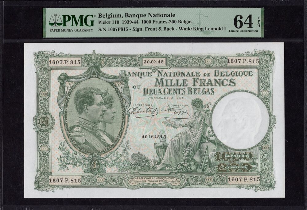 Belgium - 1.000 Francs 1939 - Pick # 110 - PMG 64 EPQ