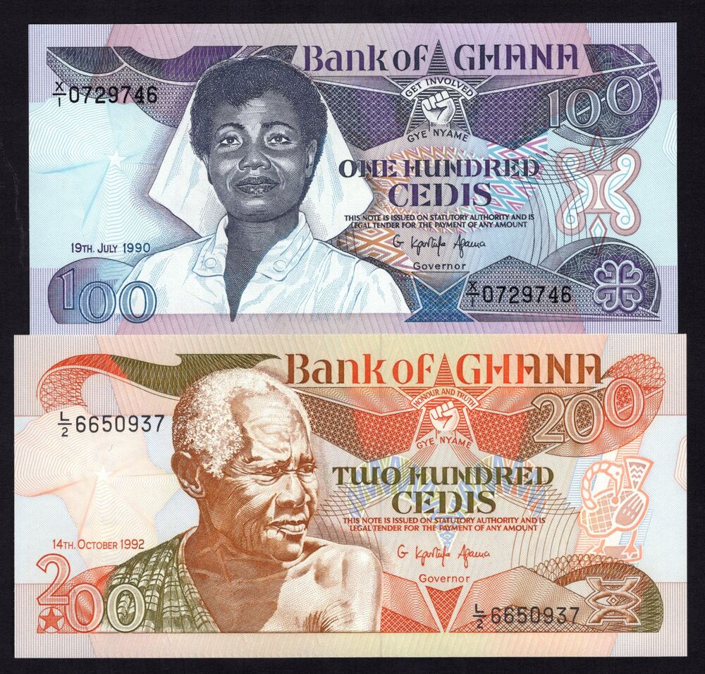 Ghana - 100 & 200 Cedis 1990/92 - Pick # 26b, 27b - UNC