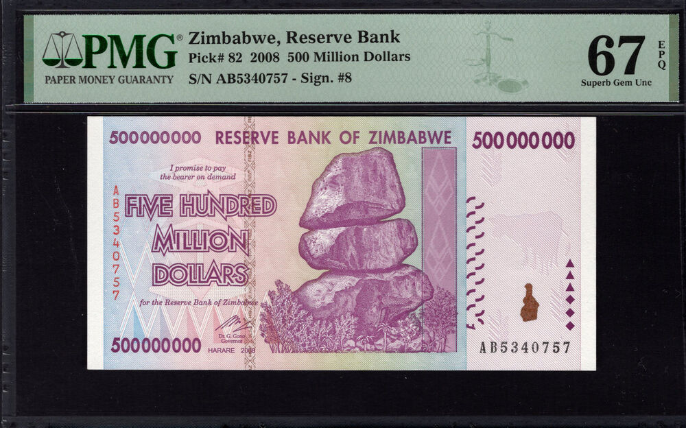 Zimbabwe - 500.000.000 Dollars 2008 - Pick # 82 - PMG 67 EPQ