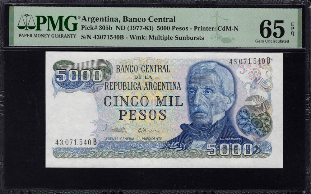 Argentina - 5000 Pesos 1977 - Pick # 305b - PMG 65 EPQ