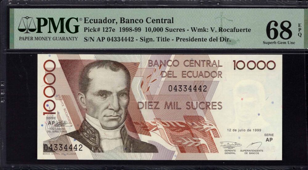 Ecuador - 10.000 Sucres 1998 - Pick # 127e - PMG 68 EPQ