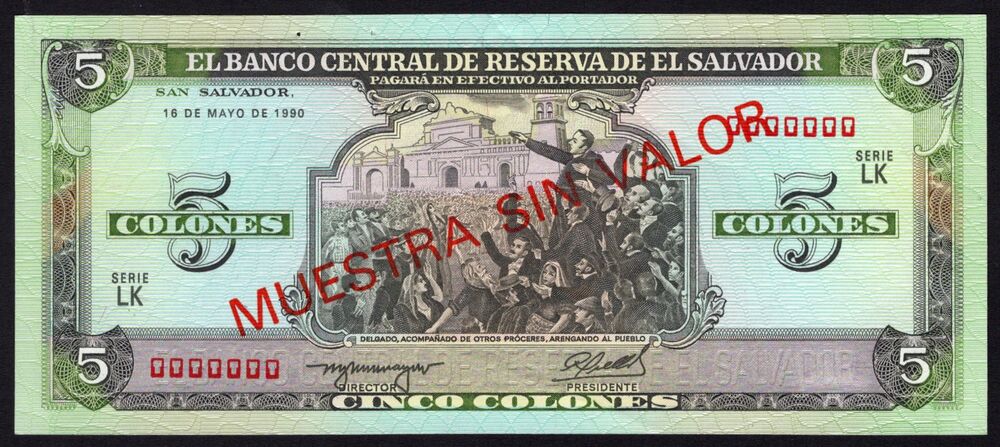 El Salvador - 5 Colones 1990 - Pick # 138s - Specimen - AU (ph)