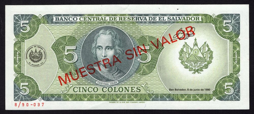 El Salvador - 5 Colones 1990 - Pick # 138s - Specimen - AU (ph)