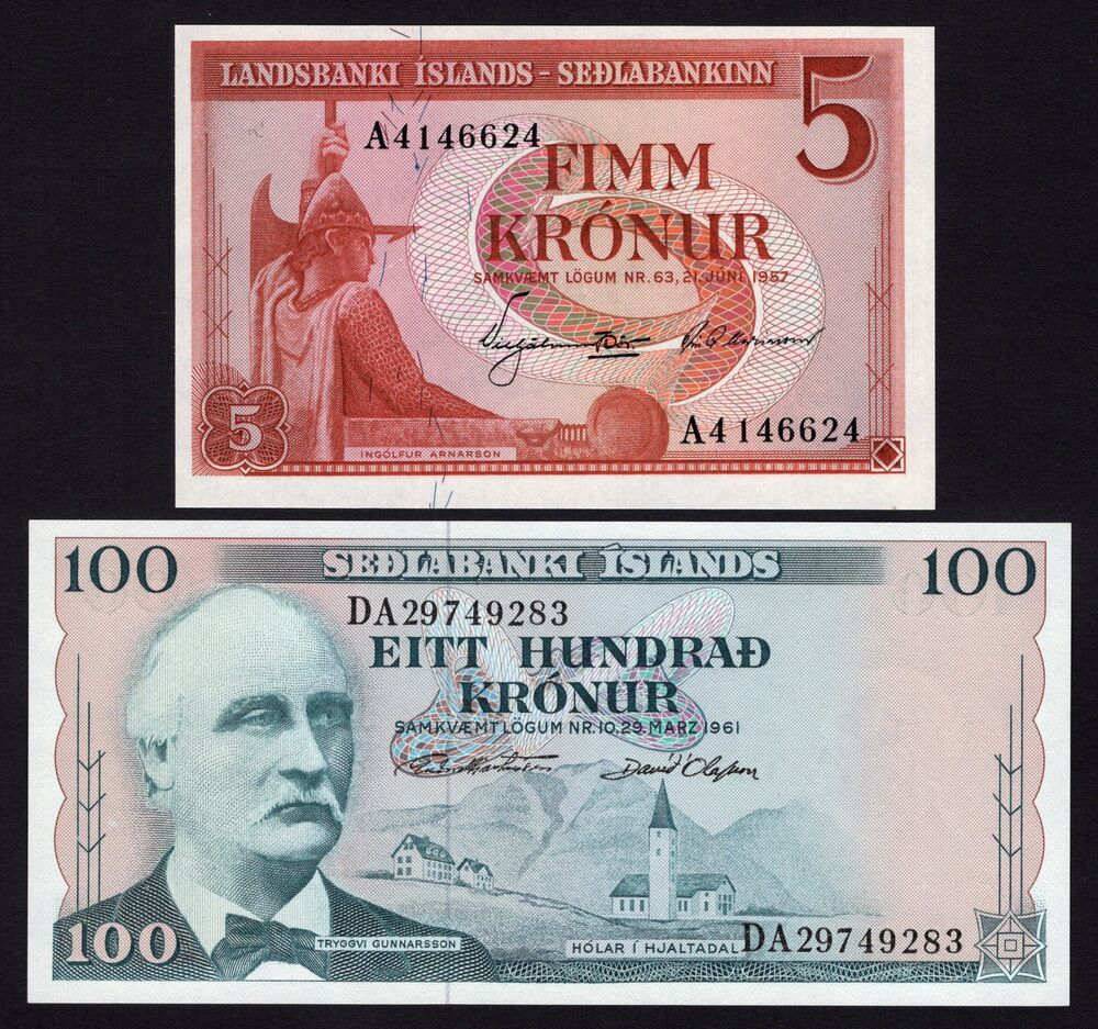 Iceland - 5 & 100 Kronur 1957/61 - Pick # 37, 40 - UNC