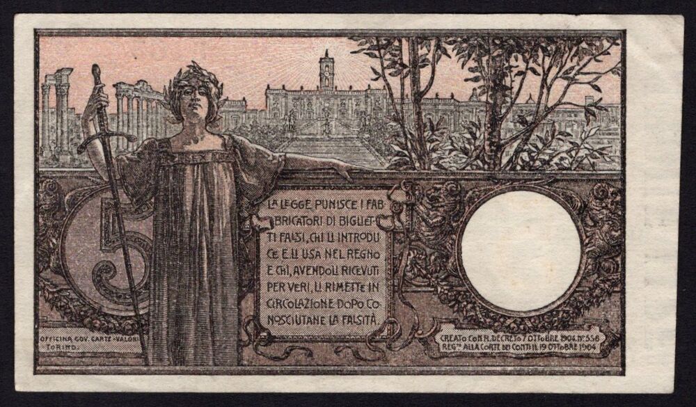 Italy - 5 Lire 1904 - Pick # 23 - aXF