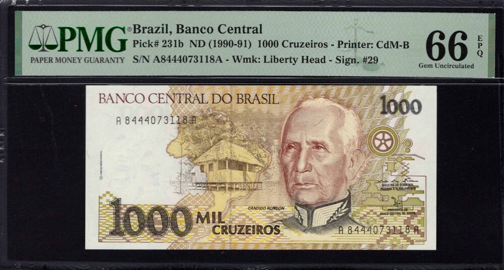 Brazil - 1000 Cruzeiros 1990 - Pick # 231b - PMG 66 EPQ