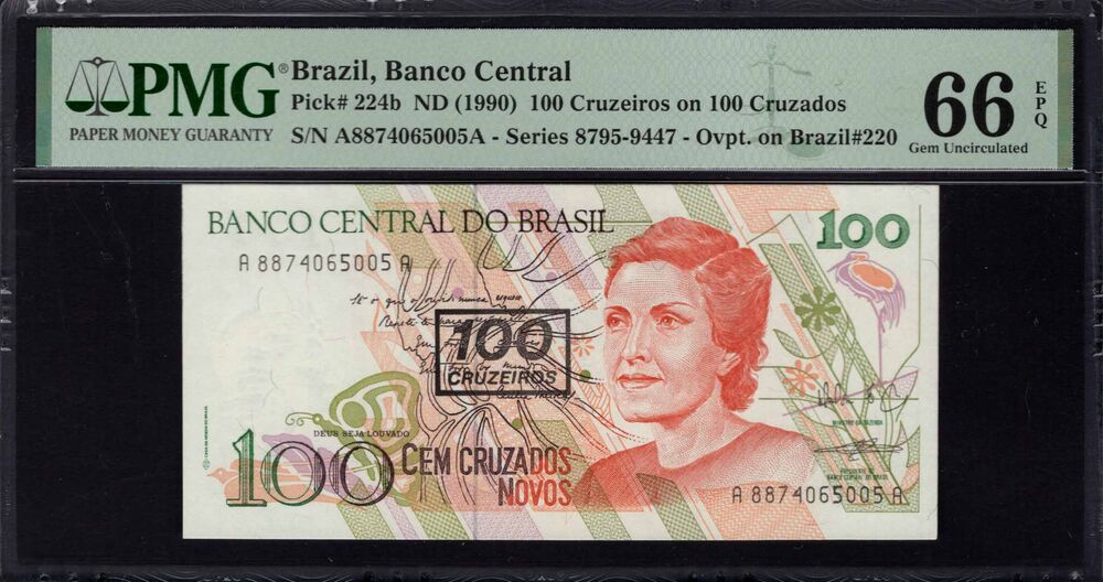 Brazil - 100 Cruzeiros 1990 - Pick # 224b - PMG 66 EPQ