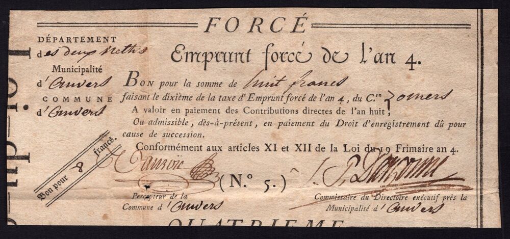 Belgium - Anvers / Antwerp, Bon de 8 Francs 1795 - Pick # NL - F/VF