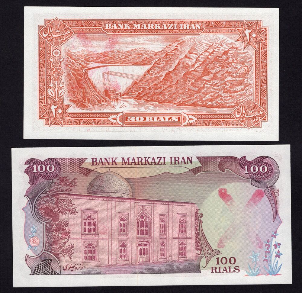 Iran -  Censored Shah Pahlavi overprints - Pick # 100, 102 - UNC