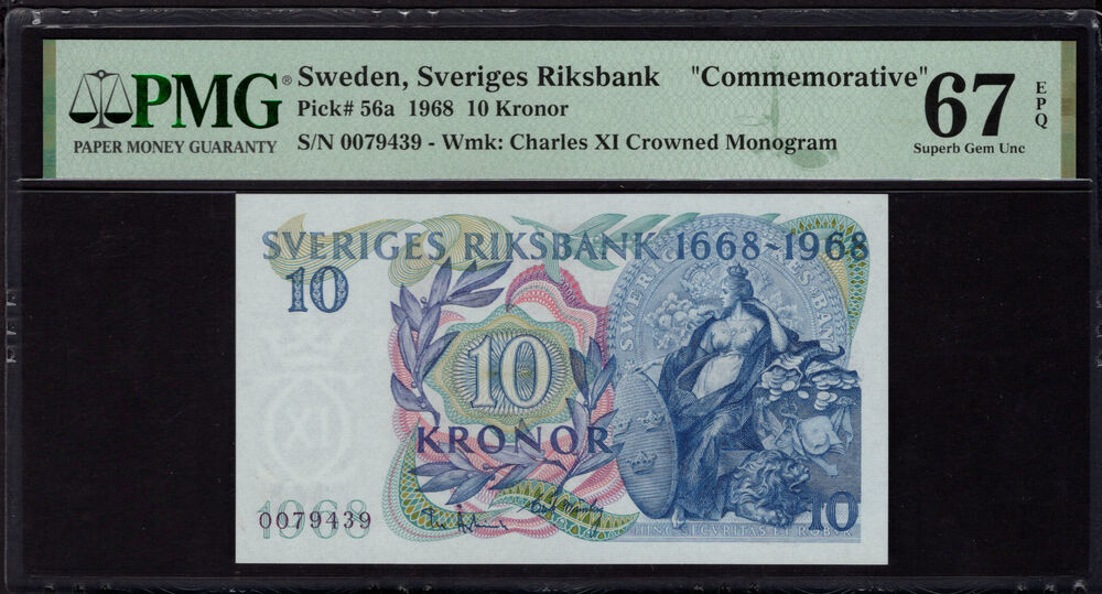 Sweden - 10 Kronor 1968 - Pick # 56a - PMG 67 EPQ