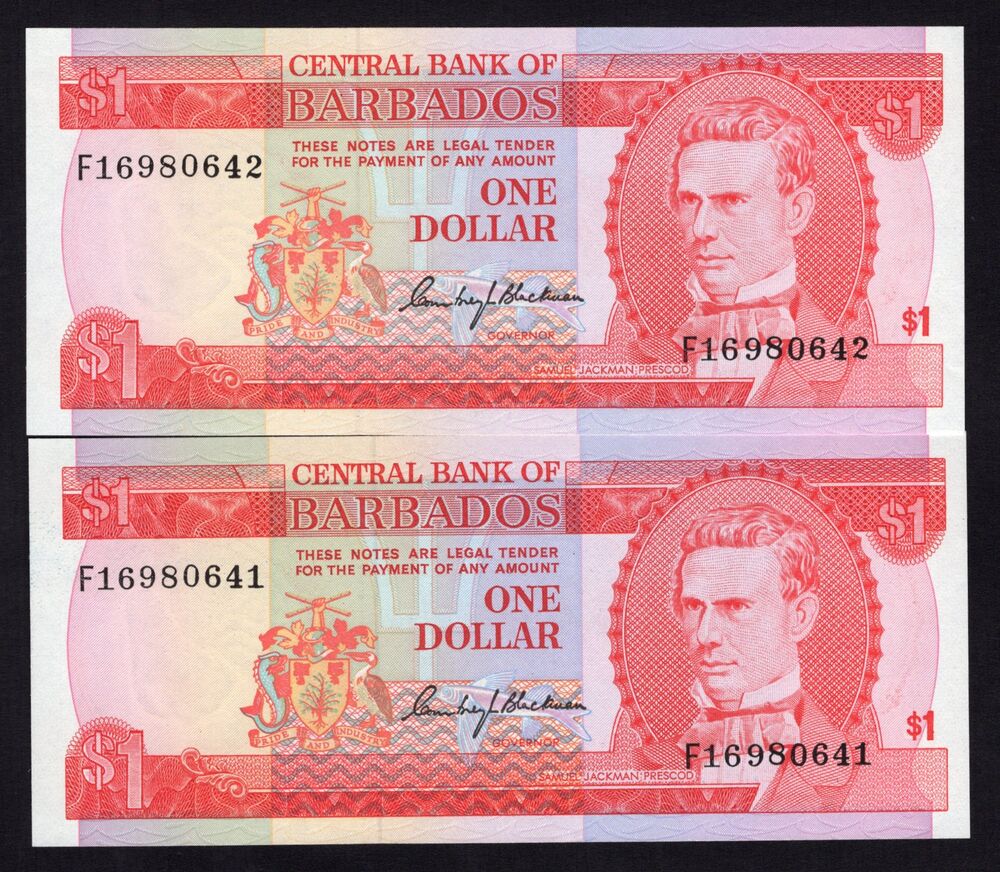 Barbados - 2 x 1 Dollar 1973 - Pick # 29a - Consecutive - UNC-/UNC