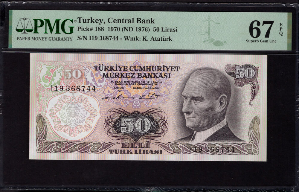 Turkey - 50 Lira 1970 - Pick # 188 - PMG 67 EPQ