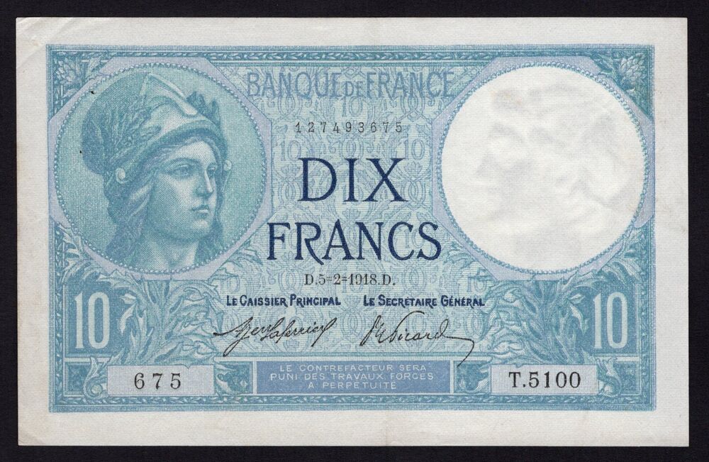 France - 10 Francs 1918 - Pick # 73a - XF (ph)